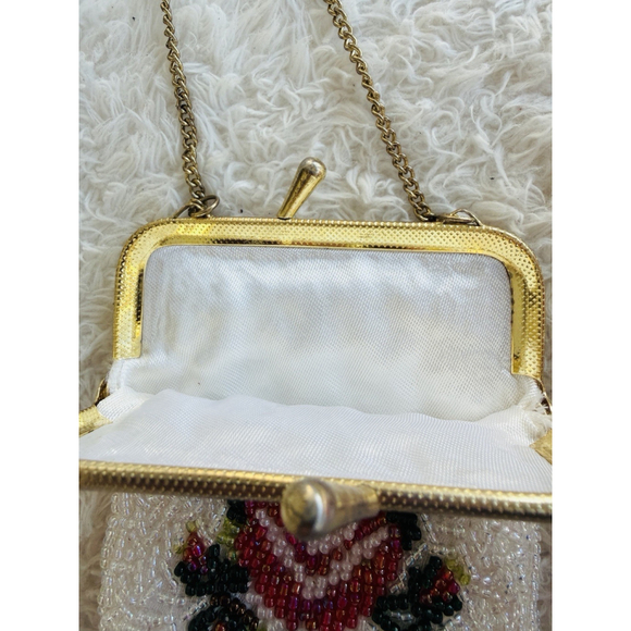Vintage Floral Hand Beaded Fringe Chain Strap Tiny Seed Evening Purse Flapper - Picture 14 of 16